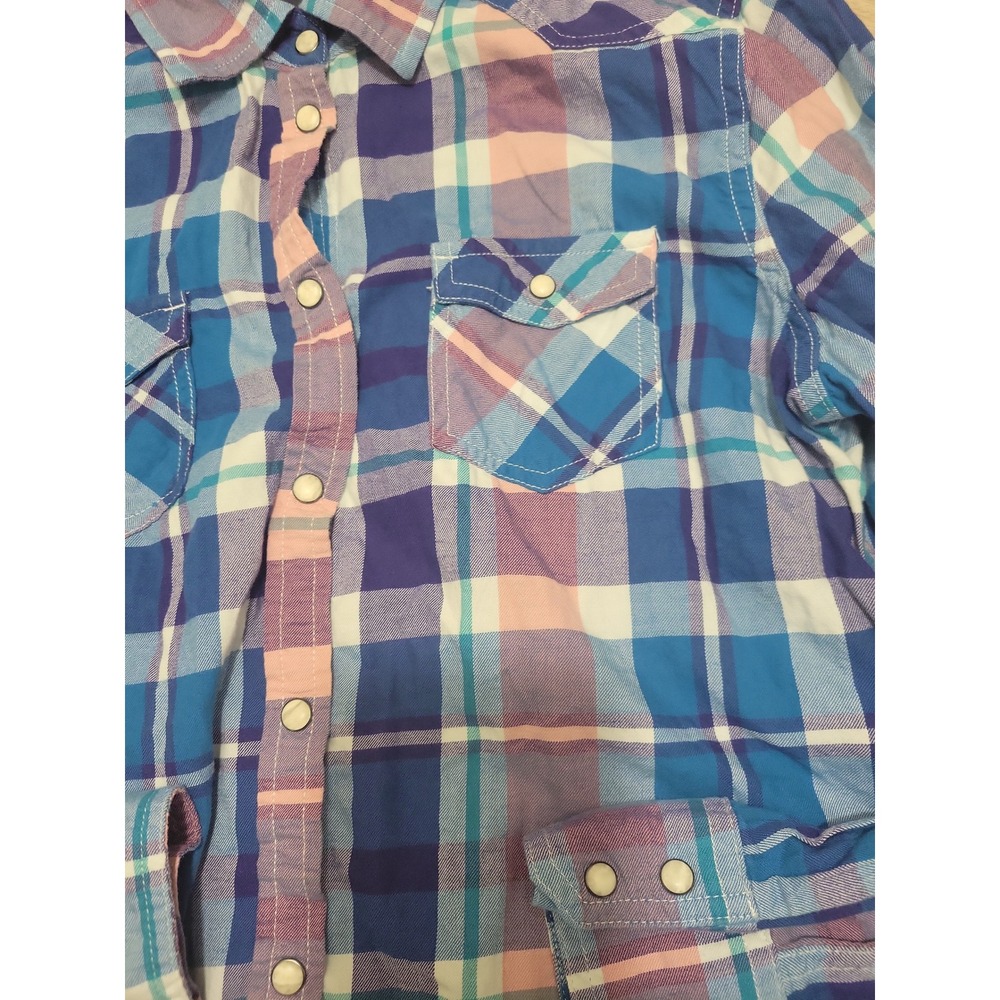 American Eagle Outfitters Womens Blue Pink Plaid Western Snap Button Shirt L - Picture 4 of 8